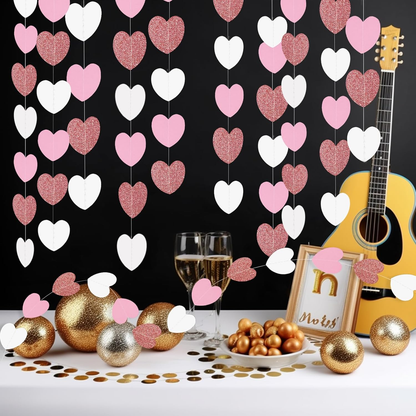 G2PLUS Glitter Paper Garland, Reflective Paper Garlands, Sparkling Hangings Streamer, Paper Garland Decoration for Birthday Wedding Graduation（Rose Gold White, 16m, Heart）