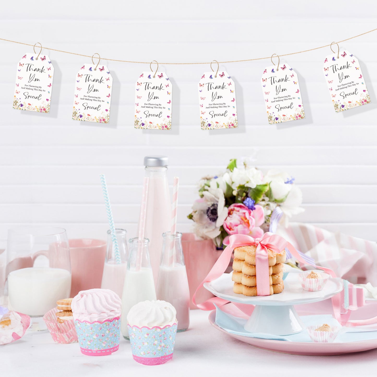 G2PLUS Butterfly Thank You Tags, 50PCS Thank You for Fluttering by Tags, Thank You Paper Tags, Floral Butterfly Gift Tags with String for Baby Shower, Birthday, Wedding Party Favors