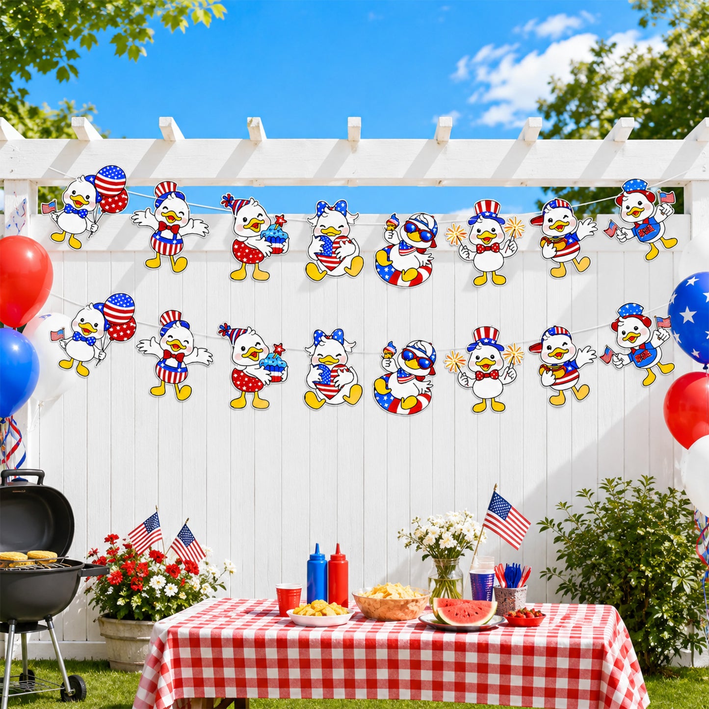 G2PLUS American Flag Garland 19.6Ft, Pre-Strung Patriotic Duck Banner, Red White Blue Paper Banner for 4th of July, Independence Day, Memorial Day, Baby Shower, USA Theme Party Decorations