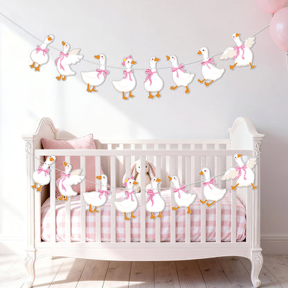 G2PLUS Pre-Strung Silly Goose Birthday Banner, 19.6Ft Pink Bow Paper Bunting Garland, Cute Animal Party Decor for Birthday, Nursery Room & Spring Celebration