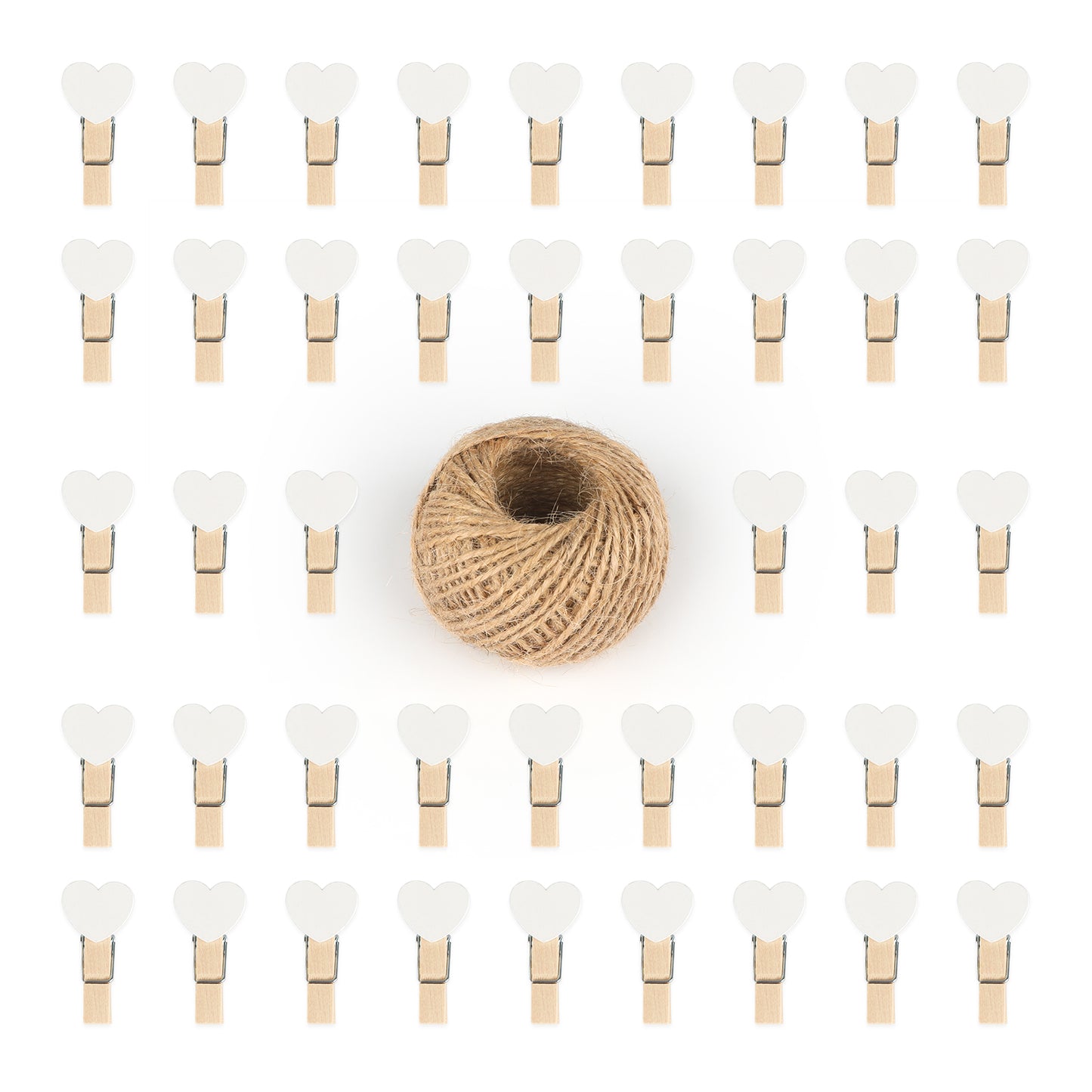 G2PLUS 100PCS Mini Wooden Heart Pegs - 3.5cm Wooden Photo Display Clips - Tiny Wooden Clothes Pegs with 30 M Jute String for Arts and Crafts, Weddings & Events