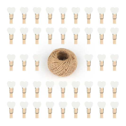 G2PLUS 100PCS Mini Wooden Heart Pegs - 3.5cm Wooden Photo Display Clips - Tiny Wooden Clothes Pegs with 30 M Jute String for Arts and Crafts, Weddings & Events