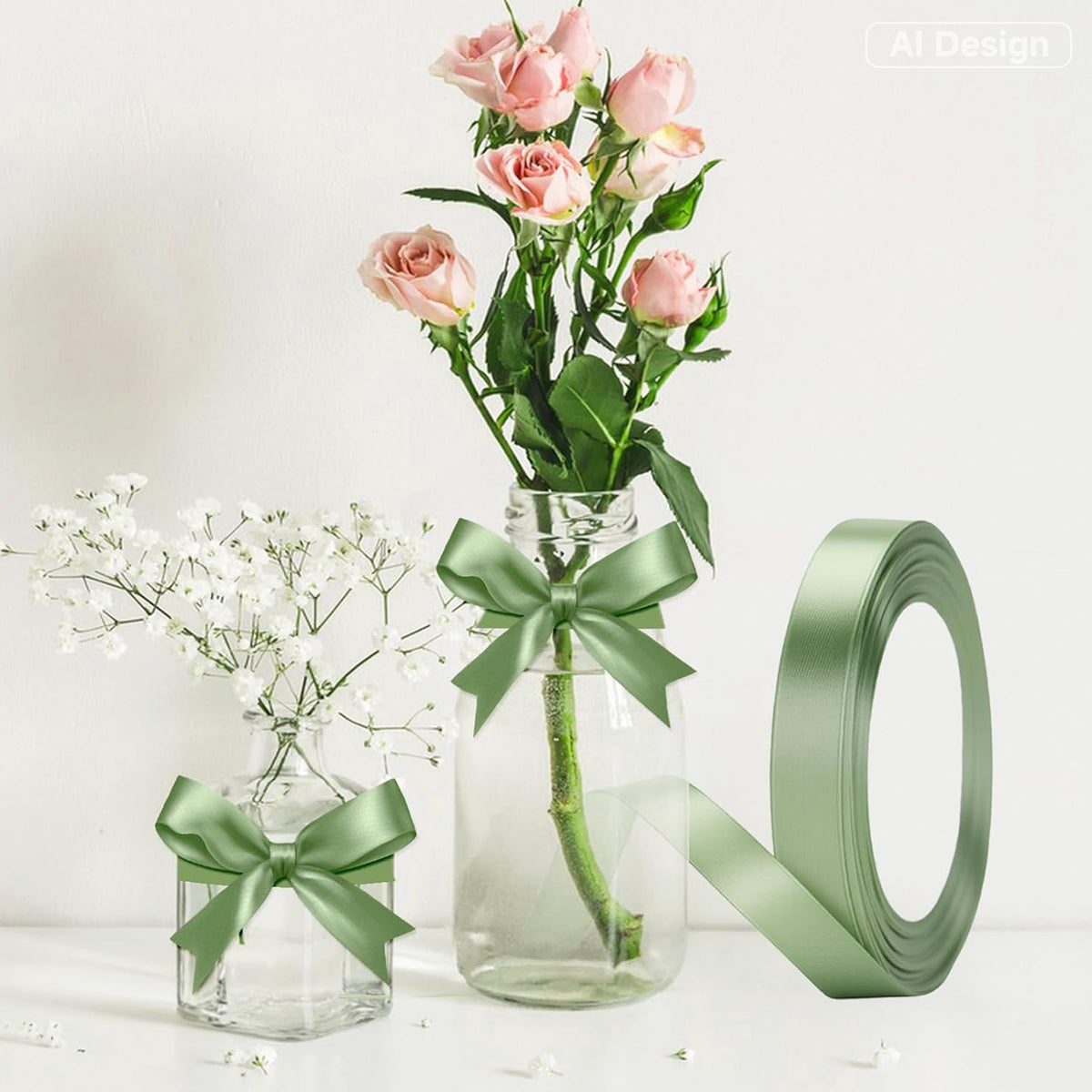 G2PLUS Sage Green Satin Ribbons 10mm: 44 Gift Wrap Ribbon for Crafting, Christmas, Wedding Party Decoration