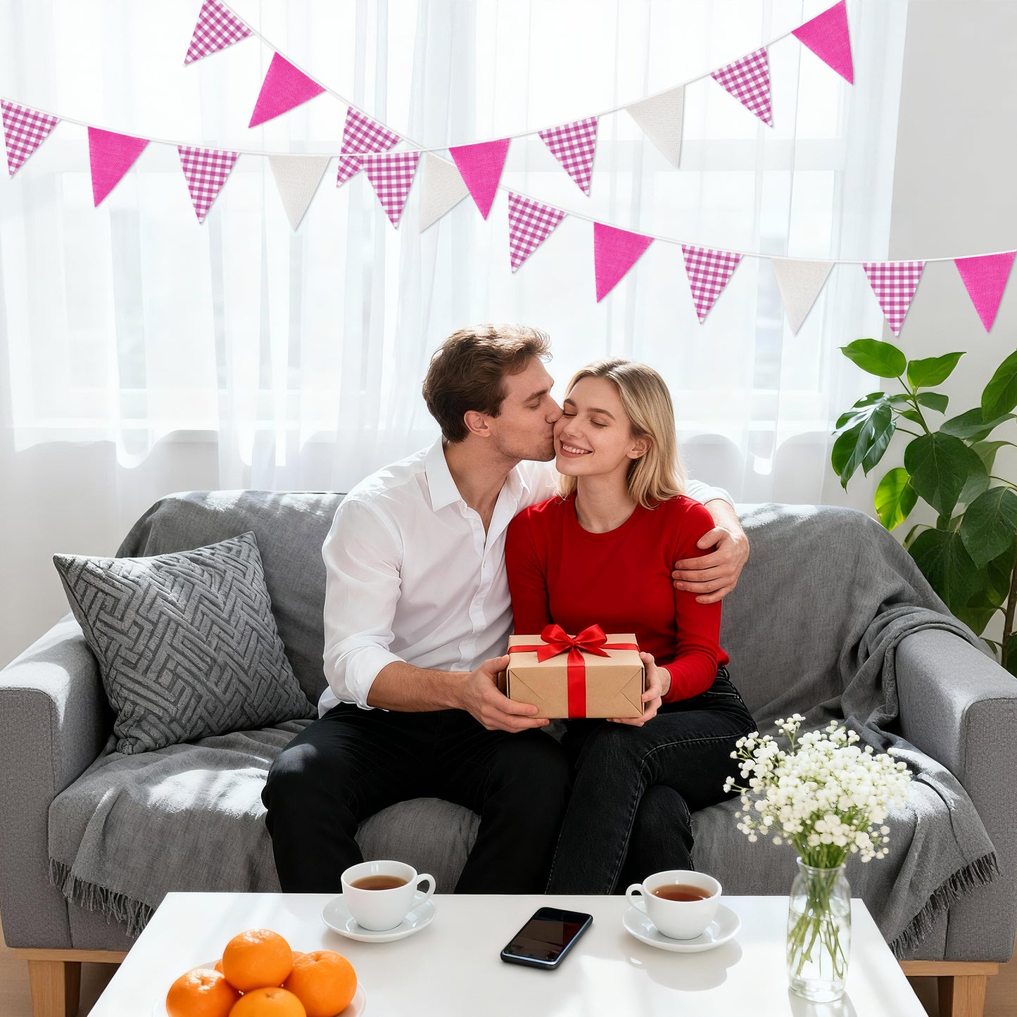 G2PLUS Pink and White Checkered Banner, 32Ft Pink Pennant Banner Garland, Party Decorations Triangular Bunting Garland for Baby Shower Girl, Birthday Party, Bridal Shower, Wedding Décor, Valentine’s Day & Outdoor Celebrations