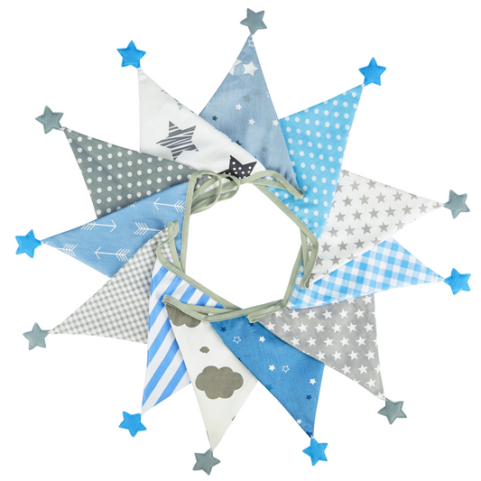 G2PLUS Fabric Bunting Banner with Stars, 4M Blue and Grey Cotton Nursery Banner with 12 Triangle Pennants, Double Sided Garlands Shabby Chic Decoration for Bedroom Playhouse Birthday Decoration