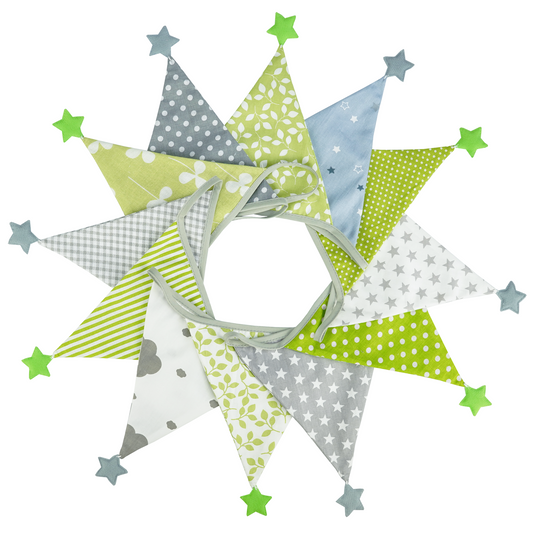 G2PLUS Fabric Bunting Banner with Stars, 4M Green and Grey Cotton Nursery Banner with 12 Triangle Pennants, Double Sided Cloth Garlands Shabby Chic Decoration for Bedroom Playhouse Birthday Decoration