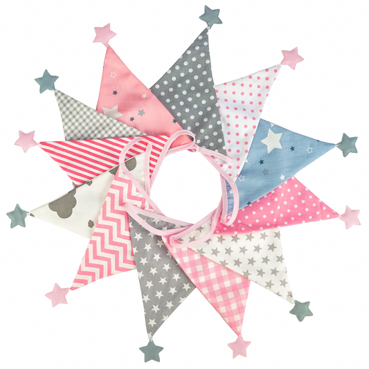 G2PLUS Fabric Bunting Banner with Stars, 4M Pink and Grey Cotton Nursery Banner with 12 Triangle Pennants, Double Sided Cloth Garlands Shabby Chic Decoration for Bedroom Playhouse Birthday Decoration