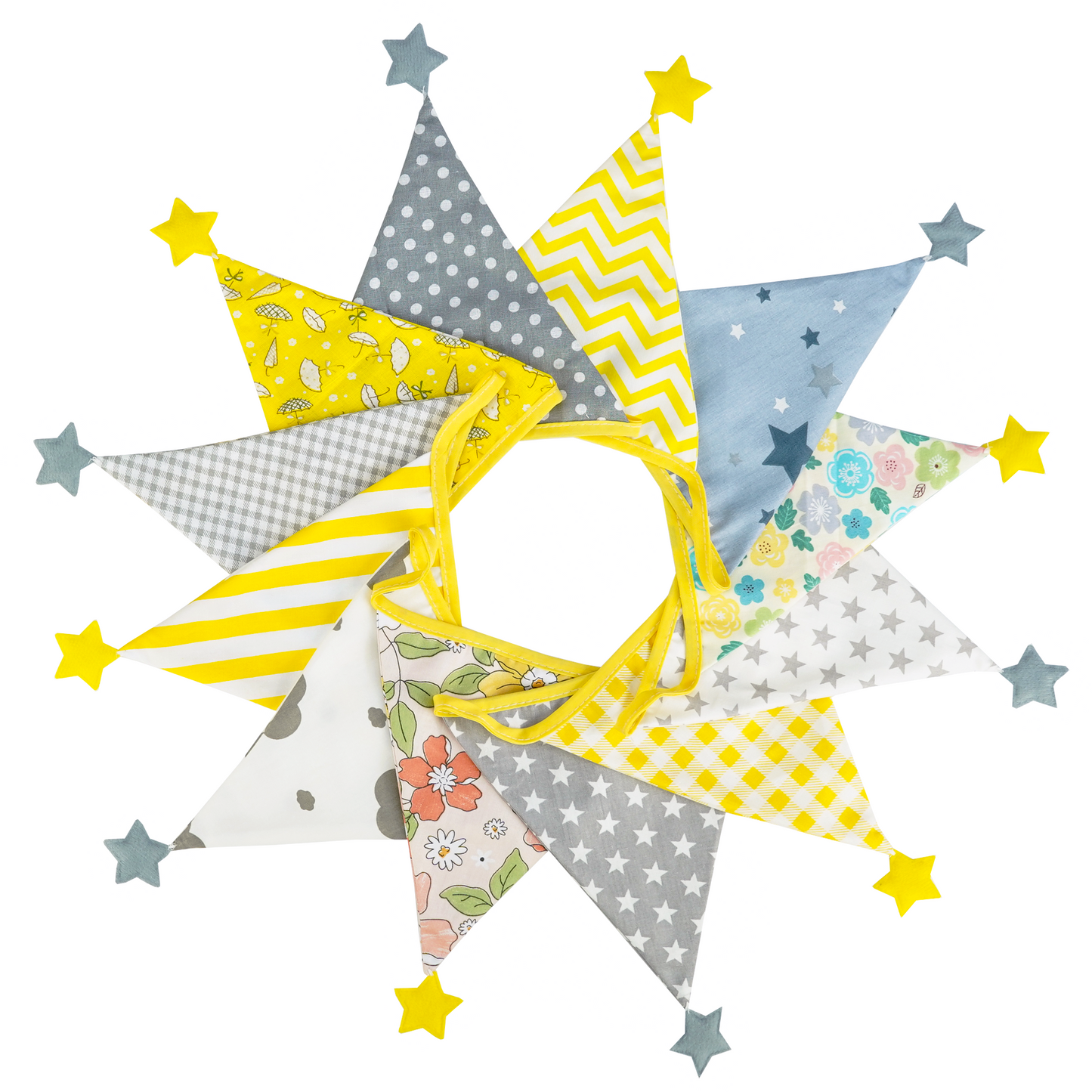 G2PLUS Fabric Bunting Banner with Stars, 4M Yellow and Grey Cotton Nursery Banner with 12 Triangle Pennants, Double Sided Cloth Garlands for Bedroom Playhouse Birthday Decoration