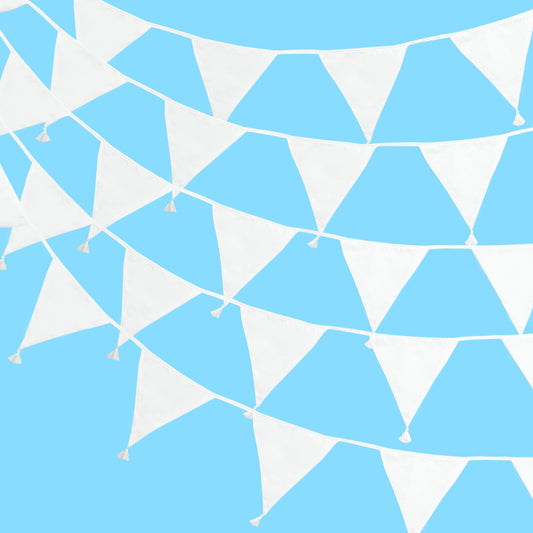 G2PLUS 10.8Ft Cotton Triangle Bunting Banner – 12pcs White Fabric Pennant Flag with Tassels, Double Side Triangle Banner Garland for Weddings, Birthdays, Garden & Baby Showers