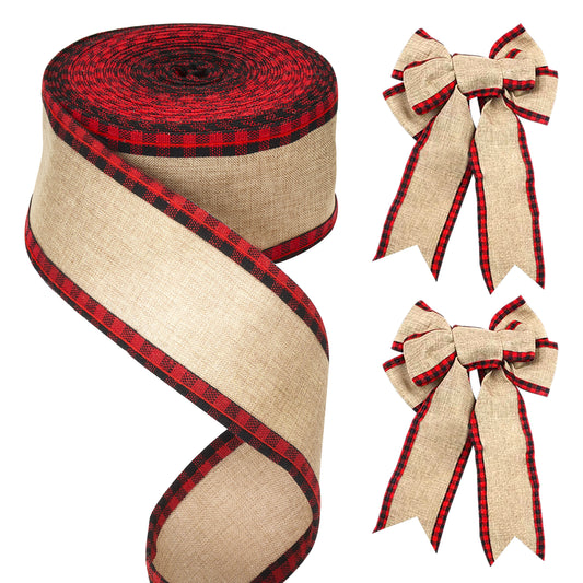 G2PLUS 63mm Wired Burlap Ribbon, 10M Plaid Burlap Ribbon, Natural Red Gingham Ribbon, Christmas Buffalo Plaid Ribbons, Craft Checked Ribbon for Bows and Christmas Wreaths Project