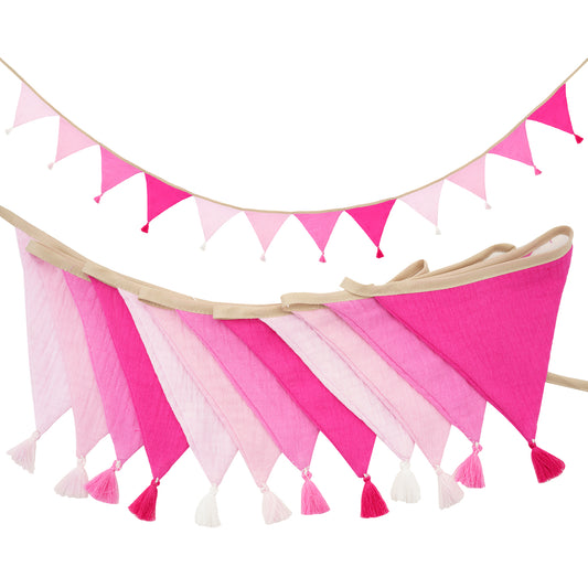 G2PLUS Cotton Fabric Bunting Banner, 9Ft Pink Triangle Pennant Banner Flag, 12pcs Double-Sided Bunting Garland with Tassels for Birthday Party, Wedding, Holiday, Classroom Hanging Decor