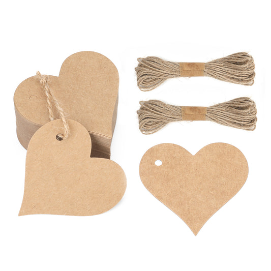 G2PLUS 100PCS Heart Blank Gift Tags, Brown Heart Paper Tags, Kraft Paper Lables with String for Wedding,Party Favors, Valentine's Day