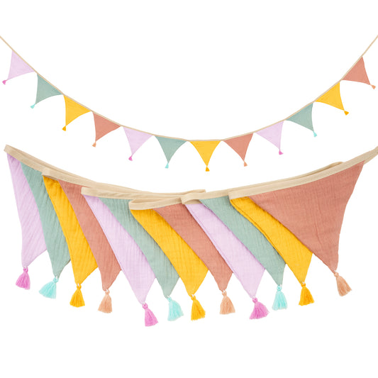 G2PLUS Cotton Fabric Bunting Banner, 9Ft Mixed Color Triangle Pennant Banner Flag, 12pcs Double-Sided Bunting Garland with Tassels for Birthday Party, Wedding, Holiday, Classroom Hanging Decor