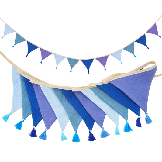 G2PLUS Cotton Fabric Bunting Banner, 9Ft Blue Triangle Pennant Banner Flag, 12pcs Double-Sided Bunting Garland with Tassels for Birthday Party, Wedding, Holiday, Classroom Hanging Decor