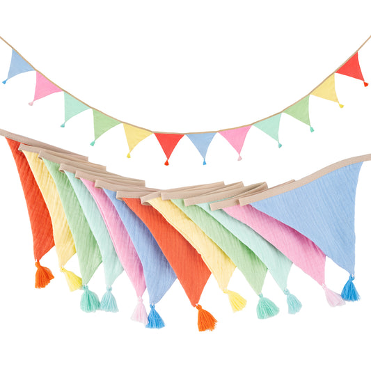 Pre-Strung Cotton Fabric Bunting Banner, 9Ft Multicolor Triangle Pennant Banner Flag, Double-Sided Bunting Garland with Tassels for Birthday, Nursery, Baby Shower, Classroom Hanging Decor