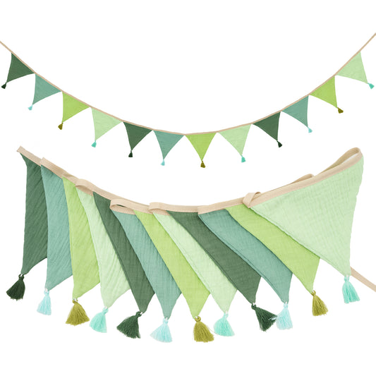 G2PLUS Cotton Fabric Bunting Banner, 9Ft Green Triangle Pennant Banner Flag, 12pcs Double-Sided Bunting Garland with Tassels for Birthday Party, Wedding, Holiday, Classroom Hanging Decor