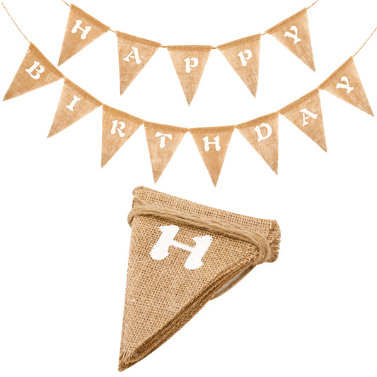 G2PLUS HAPPY BIRTHDAY Burlap Bunting Banner, Pre-strung Hessian Birthday Bunting Banner, Reusable Triangle Burlap Birthday Banner, Brown Birthday Banner with White Letters for Birthday Party