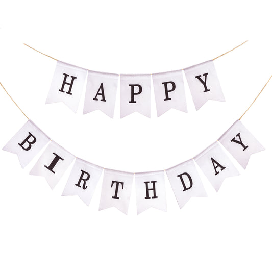 G2PLUS HAPPY BIRTHDAY Burlap Bunting Banner, Pre-strung Hessian Birthday Bunting Banner, Reusable Triangle Burlap Birthday Banner, White Birthday Banner with Black Letters for Birthday Party
