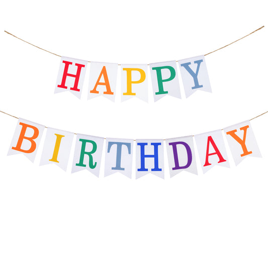 G2PLUS HAPPY BIRTHDAY Burlap Bunting Banner, Pre-strung Hessian Birthday Bunting Banner, White Burlap Birthday Banner with Colorful Letters, Vintage Cloth Birthday Banner for Birthday Parties
