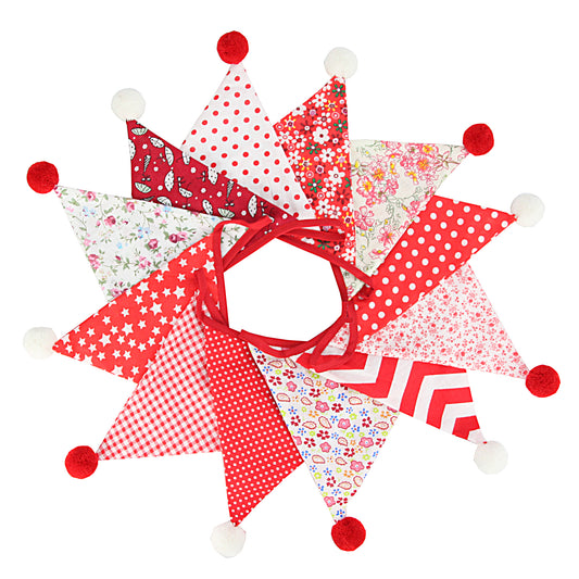 G2PLUS 4M Fabric Bunting Banner with Poms -12PCS Double Sided Cotton Pennants - 17x19CM Floral Triangle Garlands for Birthday Parties Ceremonies Kitchen Bedrooms Decoration-Red