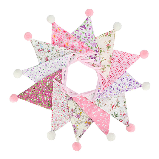 G2PLUS 4M Fabric Bunting Banner with Poms -12PCS Double Sided Cotton Pennants - 17x19CM Floral Triangle Garlands for Birthday Parties Ceremonies Kitchen Bedrooms Decoration-Pink