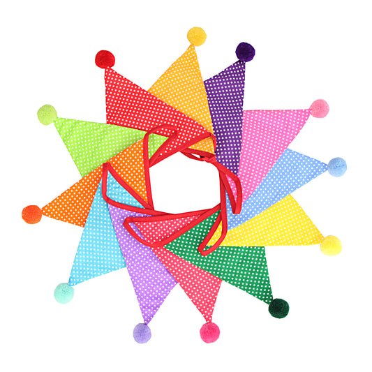 G2PLUS 4M Fabric Bunting Banner with Poms -12PCS Double Sided Cotton Pennants - 17x19CM Floral Triangle Garlands for Birthday Parties Ceremonies Kitchen Bedrooms Decoration-Multicoloured