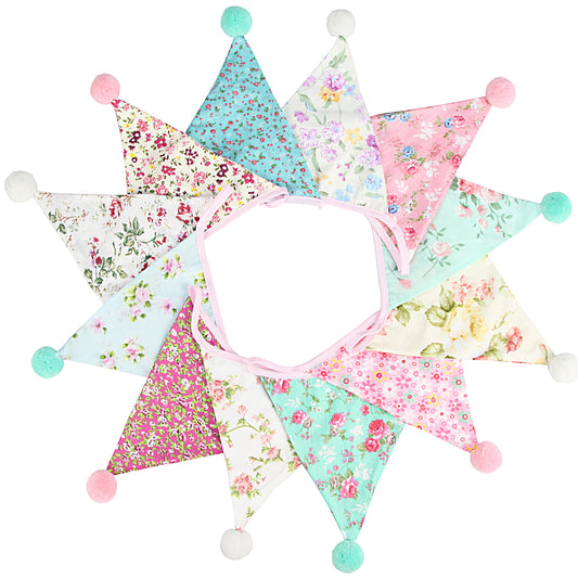 G2PLUS 4M Fabric Bunting Banner with Poms -12PCS Double Sided Cotton Pennants - 17x19CM Floral Triangle Garlands for Birthday Parties Ceremonies Kitchen Bedrooms Decoration-Pink and Green