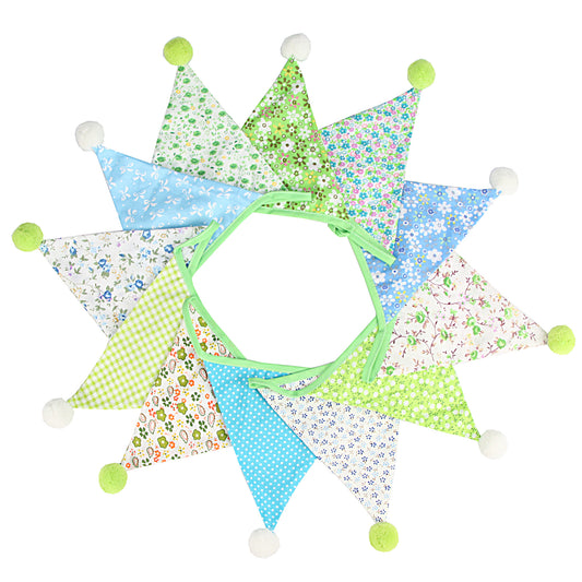 G2PLUS 4M Fabric Bunting Banner with Poms -12PCS Double Sided Cotton Pennants - 17x19CM Floral Triangle Garlands for Birthday Parties Ceremonies Kitchen Bedrooms Decoration-Green