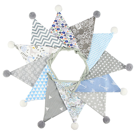 G2PLUS 4M Fabric Bunting Banner with Poms -12PCS Double Sided Cotton Pennants - 17x19CM Floral Triangle Garlands for Birthday Parties Ceremonies Kitchen Bedrooms Decoration-Grey and Blue