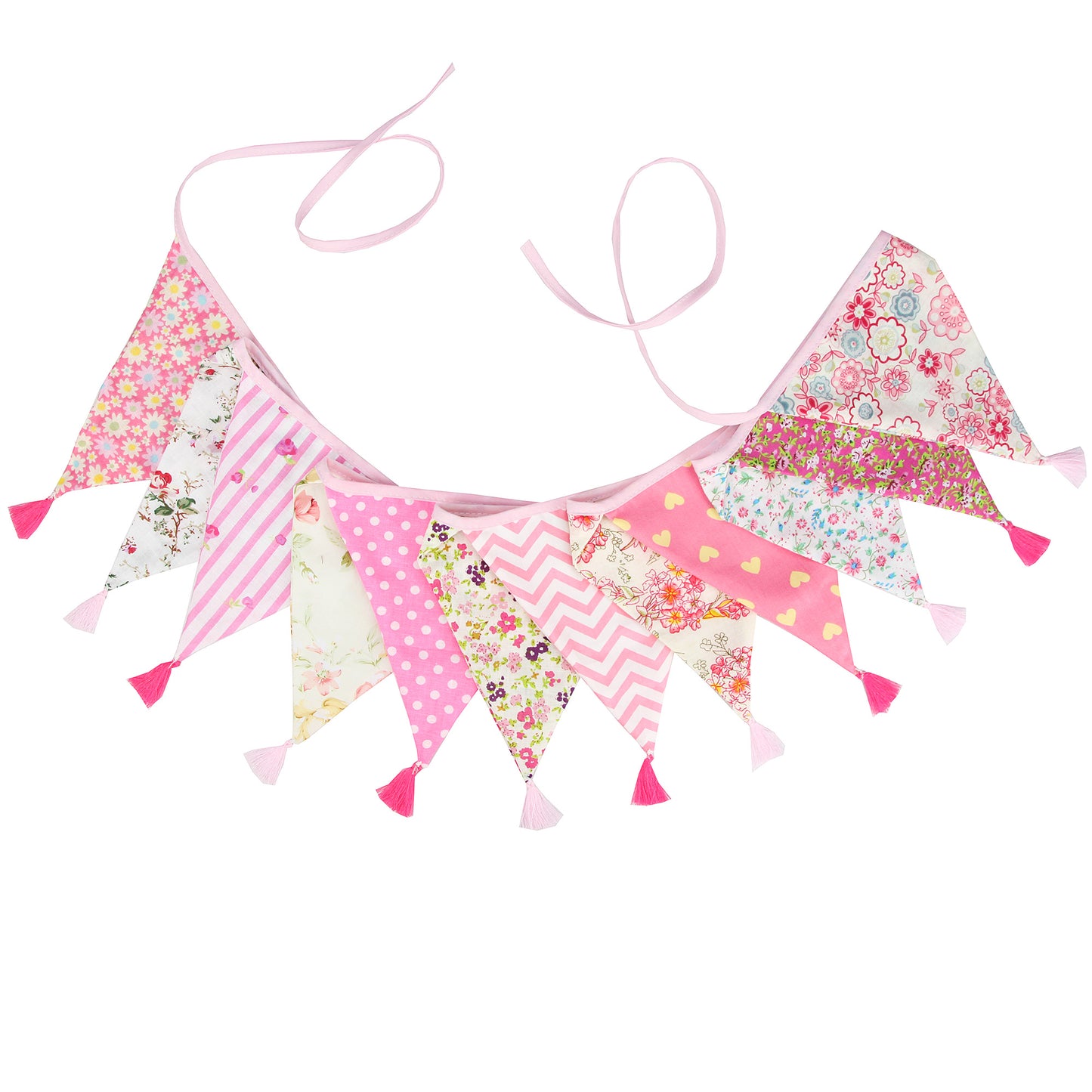 G2PLUS 10.8Ft Cotton Triangle Bunting Banner – 12pcs Pink Floral Fabric Pennant Flag with Tassels, Double Side Triangle Banner Garland for Weddings, Birthdays, Garden & Baby Showers