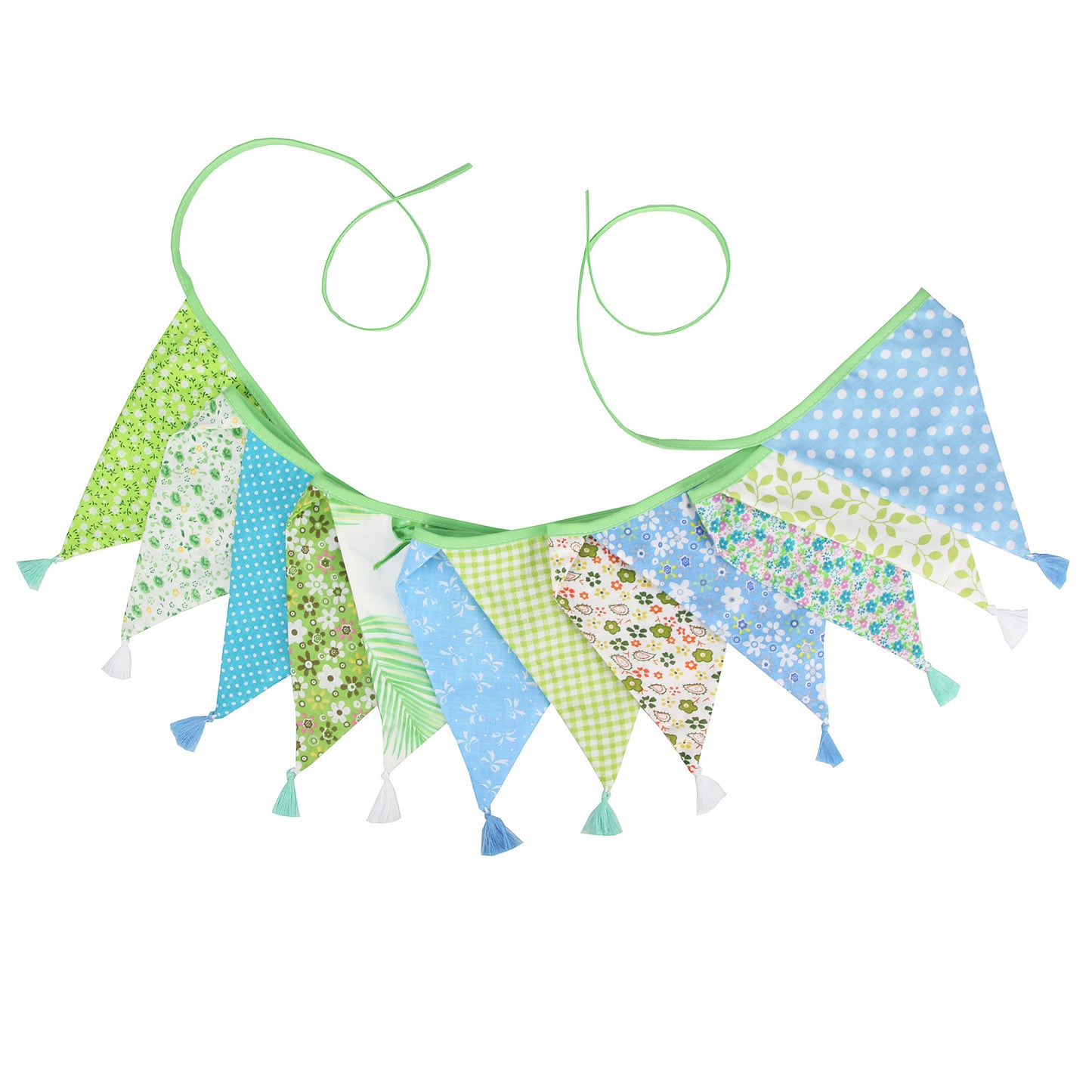 G2PLUS 10.8Ft Cotton Triangle Bunting Banner – 12pcs Blue and Green Floral Fabric Pennant Flag with Tassels, Double Side Triangle Banner Garland for Weddings, Birthdays, Garden & Baby Showers