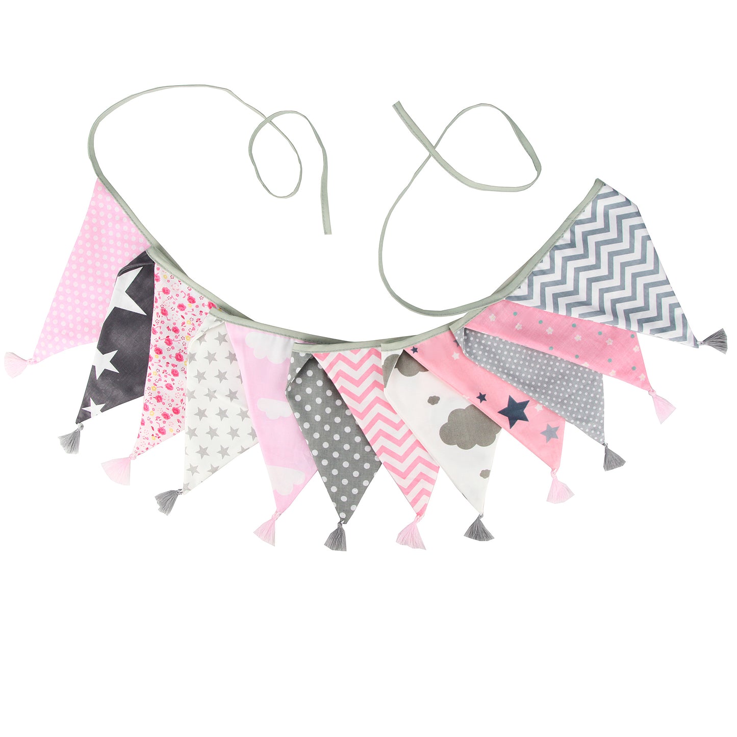 G2PLUS 10.8Ft Cotton Triangle Bunting Banner – 12pcs Pink and Grey Fabric Pennant Flag with Tassels, Double Side Triangle Banner Garland for Weddings, Birthdays, Garden & Baby Showers