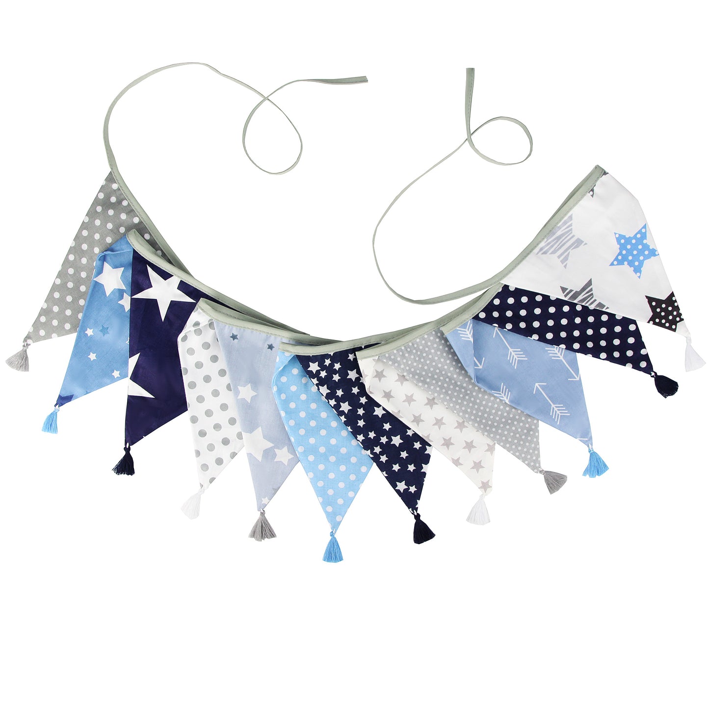 G2PLUS 10.8Ft Cotton Triangle Bunting Banner – 12pcs Blue and Gray Fabric Pennant Flag with Tassels, Double Side Triangle Banner Garland for Weddings, Birthdays, Garden & Baby Showers