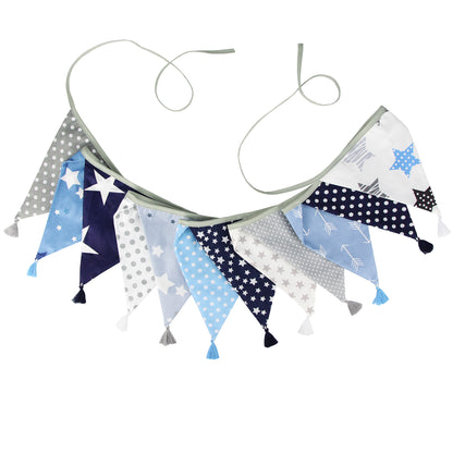 G2PLUS 10.8Ft Cotton Triangle Bunting Banner – 12pcs Blue and Gray Fabric Pennant Flag with Tassels, Double Side Triangle Banner Garland for Weddings, Birthdays, Garden & Baby Showers