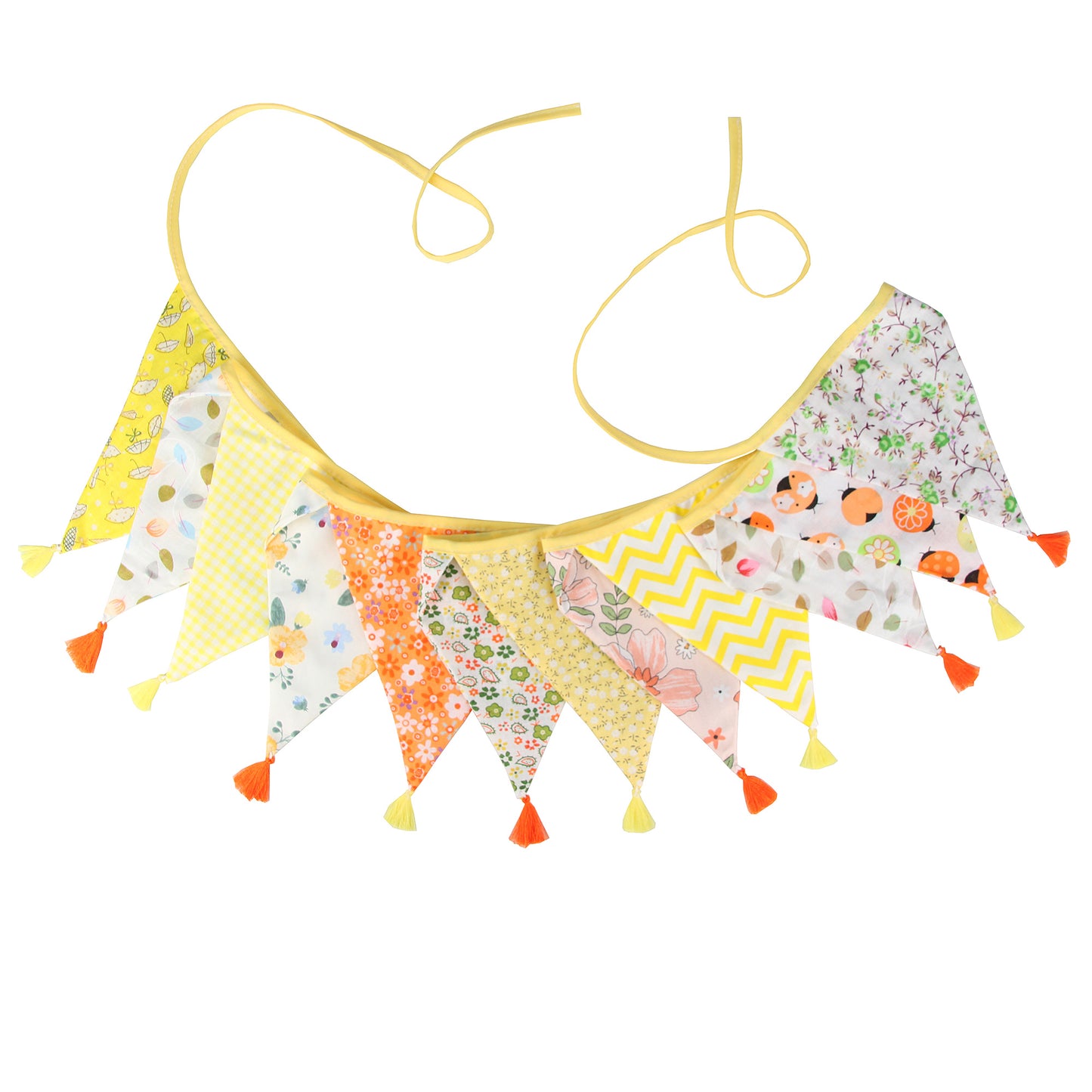 G2PLUS 10.8Ft Cotton Triangle Bunting Banner – 12pcs Yellow Floral Fabric Pennant Flag with Tassels, Double Side Triangle Banner Garland for Weddings, Birthdays, Garden & Baby Showers