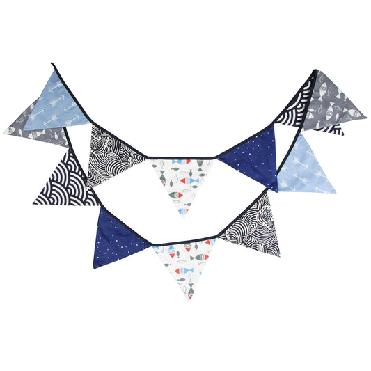 G2PLUS Double Sided Fabric Bunting Banner, Two Layer Triangle Floral Bunting, 3.3M with 12PCS Blue Lovely Pennants, Cotton Shabby Chic Garland for Bedroom Brithday Tea Party Decorations