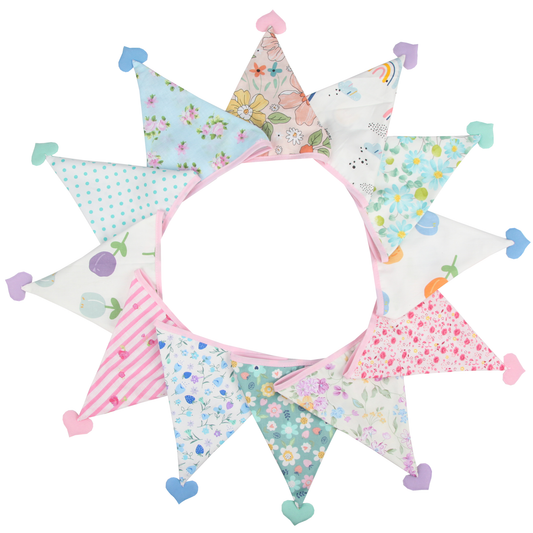 G2PLUS 4M Fabric Bunting Banner with Hearts -12PCS Double Sided Cotton Pennants - 17x19CM Floral Triangle Garlands for Birthday Parties Ceremonies Kitchen Bedrooms Decoration-Pink and Blue