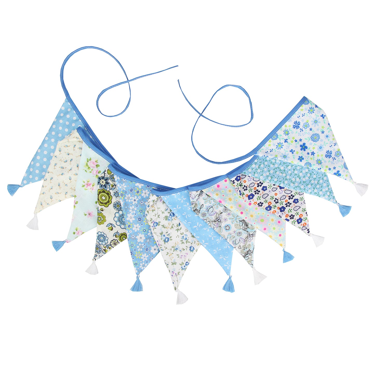 G2PLUS 10.8Ft Cotton Triangle Bunting Banner – 12pcs Blue Floral Fabric Pennant Flag with Tassels, Double Side Triangle Banner Garland for Weddings, Birthdays, Garden & Baby Showers