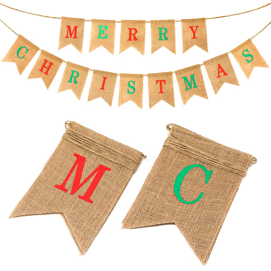 G2PLUS Merry Christmas Burlap Bunting Banner, 4.8M Burlap Christmas Banner, Vintage Merry Chirstmas Garland with 14 Flag Pennants, Rustic Hessian Bunting for Christmas Decoration
