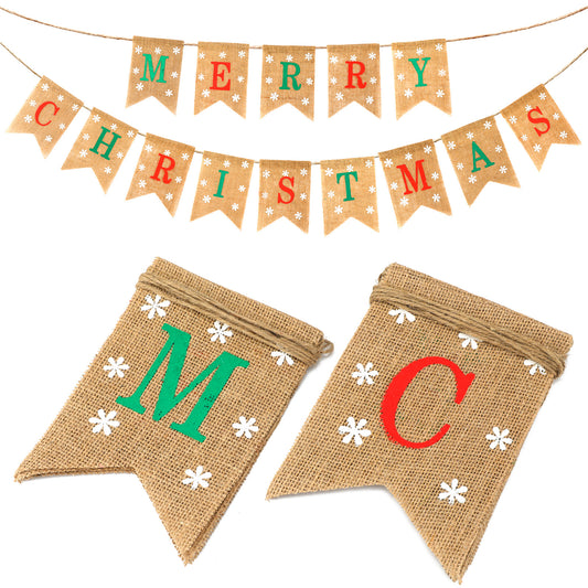 G2PLUS Merry Christmas Burlap Bunting Banner, 4.8M Burlap Christmas Banner with Snowflake, Vintage Merry Chirstmas Garland with 14 Flag Pennants, Rustic Hessian Bunting for Christmas Decoration