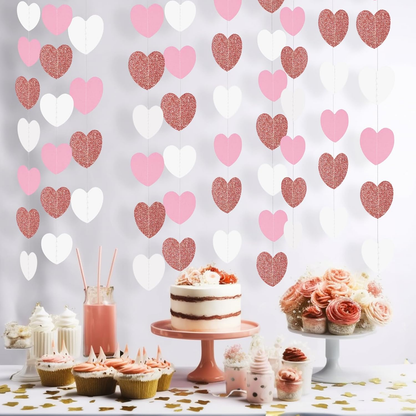 G2PLUS Glitter Paper Garland, Reflective Paper Garlands, Sparkling Hangings Streamer, Paper Garland Decoration for Birthday Wedding Graduation（Rose Gold White, 16m, Heart）