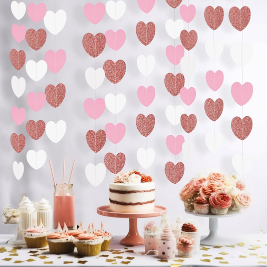 G2PLUS Glitter Paper Garland, Reflective Paper Garlands, Sparkling Hangings Streamer, Paper Garland Decoration for Birthday Wedding Graduation（Rose Gold White, 16m, Heart）