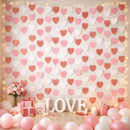 G2PLUS Glitter Paper Garland, Reflective Paper Garlands, Sparkling Hangings Streamer, Paper Garland Decoration for Birthday Wedding Graduation（Rose Gold White, 16m, Heart）