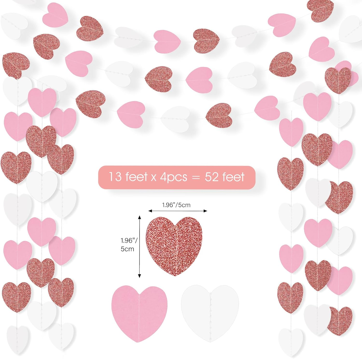 G2PLUS Glitter Paper Garland, Reflective Paper Garlands, Sparkling Hangings Streamer, Paper Garland Decoration for Birthday Wedding Graduation（Rose Gold White, 16m, Heart）