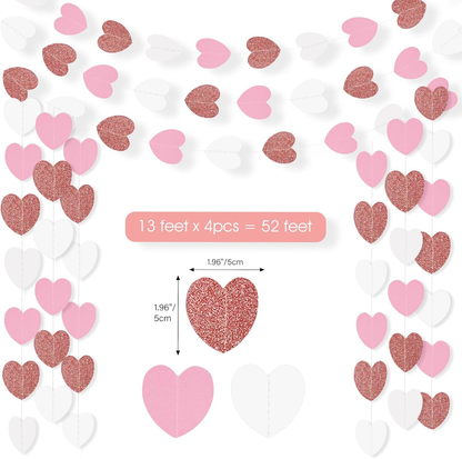 G2PLUS Glitter Paper Garland, Reflective Paper Garlands, Sparkling Hangings Streamer, Paper Garland Decoration for Birthday Wedding Graduation（Rose Gold White, 16m, Heart）