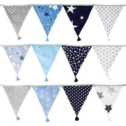 G2PLUS 10.8Ft Cotton Triangle Bunting Banner – 12pcs Blue and Gray Fabric Pennant Flag with Tassels, Double Side Triangle Banner Garland for Weddings, Birthdays, Garden & Baby Showers