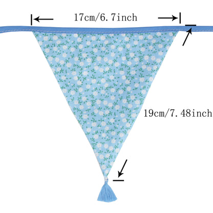 G2PLUS 10.8Ft Cotton Triangle Bunting Banner – 12pcs Blue Floral Fabric Pennant Flag with Tassels, Double Side Triangle Banner Garland for Weddings, Birthdays, Garden & Baby Showers