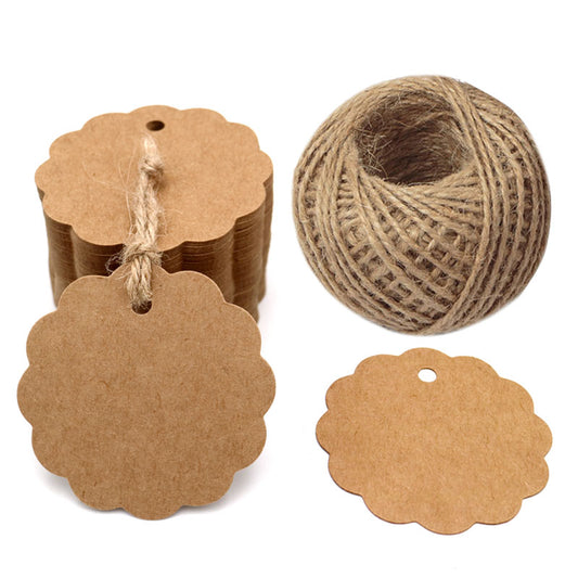 G2PLUS Scalloped Kraft Gift Tags - 6CM Blank Paper Labels - Brown Hang Tag with Jute Twine, Perfect Hang Tag for Art & Craft Project