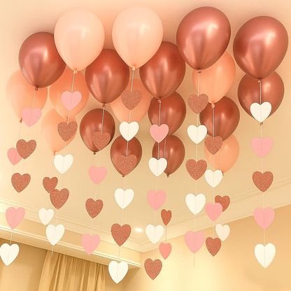 G2PLUS Glitter Paper Garland, Reflective Paper Garlands, Sparkling Hangings Streamer, Paper Garland Decoration for Birthday Wedding Graduation（Rose Gold White, 16m, Heart）