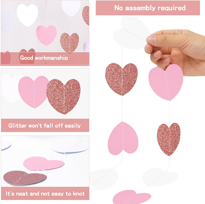 G2PLUS Glitter Paper Garland, Reflective Paper Garlands, Sparkling Hangings Streamer, Paper Garland Decoration for Birthday Wedding Graduation（Rose Gold White, 16m, Heart）